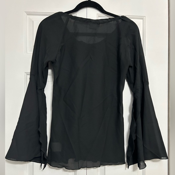 Vintage Y2K Whimsigoth Suzy Shier Black Sheer Blouse Flowy Bell Sleeves Tie Neck - Picture 2 of 7